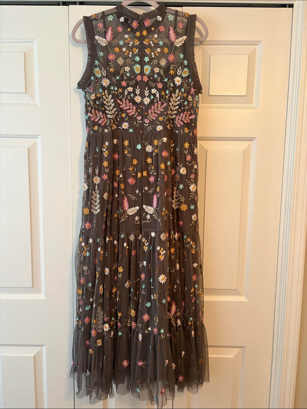 Sundance Brown Maxi Dress with Multicolor Floral Embroidery overlay. - Picture 5 of 5